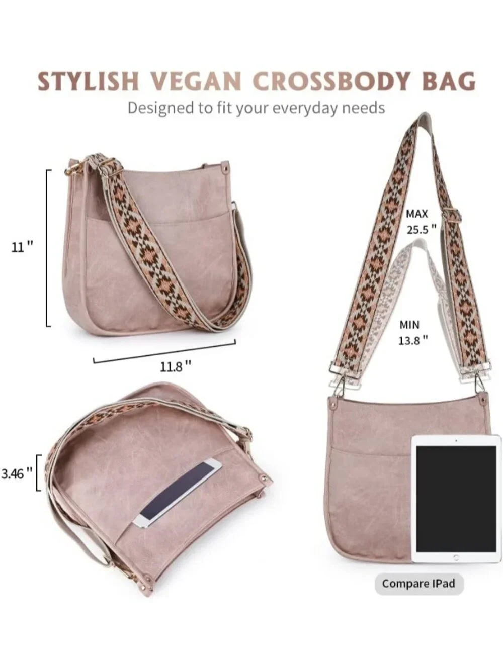 Women's Light Pink Leather Small Crossbody Bag Wide Guitar Strap Shoulder Purse